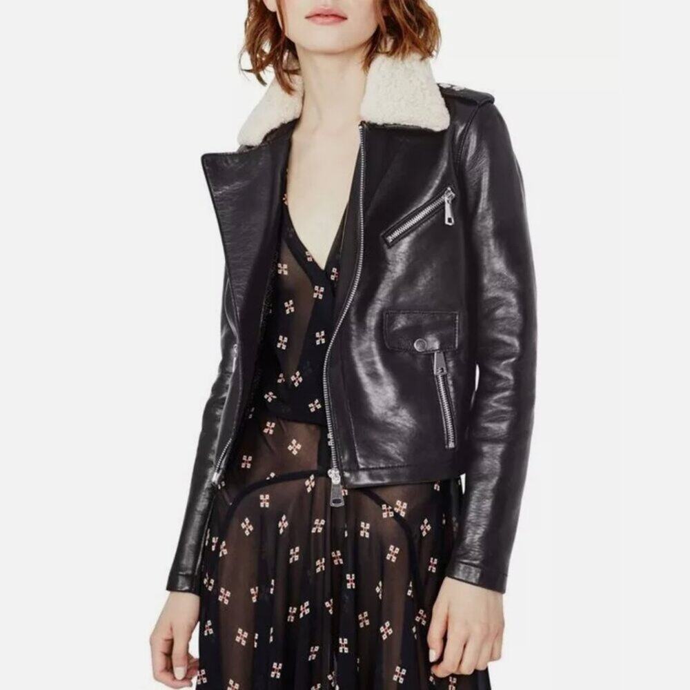 Maje Bluff Black Leather Moto Jacket with Detachable Sheepskin Collar